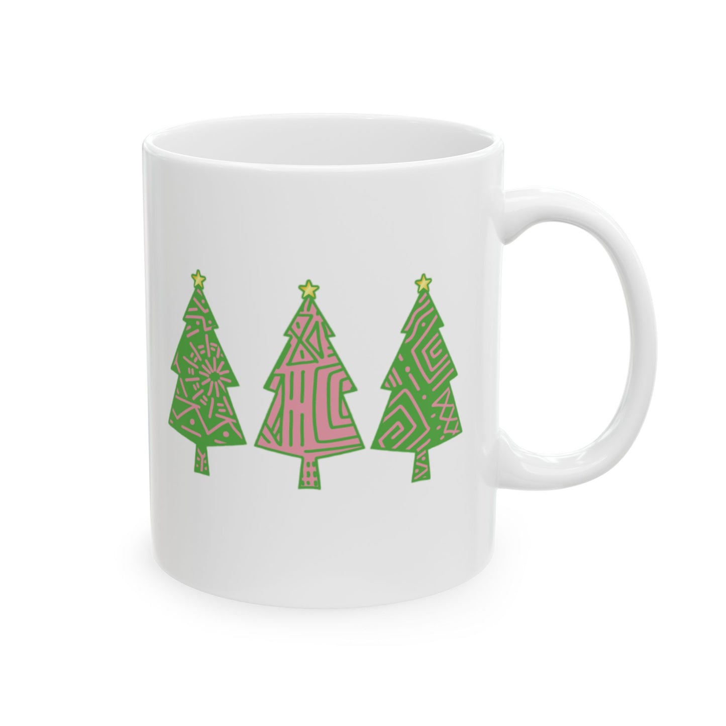 Pink and Green Tree Ceramic Mug, Christmas Coffee Cup, Holiday Cocoa Mug, Festive Hot Chocolate Mug, Christmas Tree Mug