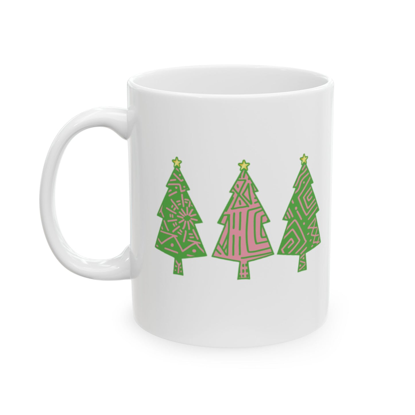 Pink and Green Tree Ceramic Mug, Christmas Coffee Cup, Holiday Cocoa Mug, Festive Hot Chocolate Mug, Christmas Tree Mug