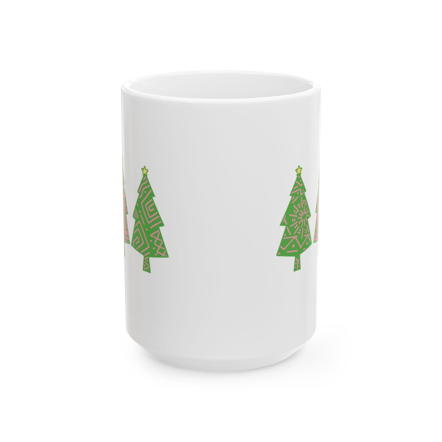 Pink and Green Tree Ceramic Mug, Christmas Coffee Cup, Holiday Cocoa Mug, Festive Hot Chocolate Mug, Christmas Tree Mug