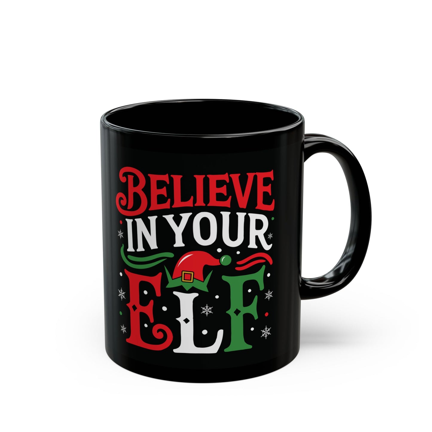 Believe in Your Elf Black Red White Mug, Christmas Coffee Cup, Holiday Gift for Elf Lovers, Cute Ceramic Mug, Festive Drinkware