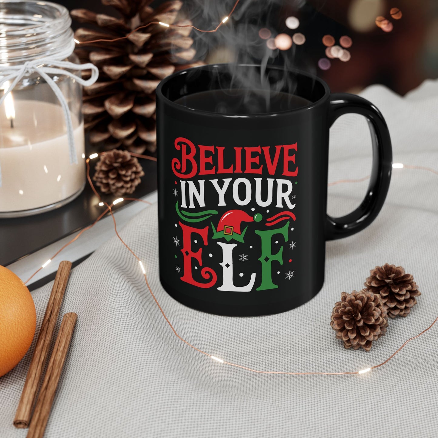 Believe in Your Elf Black Red White Mug, Christmas Coffee Cup, Holiday Gift for Elf Lovers, Cute Ceramic Mug, Festive Drinkware