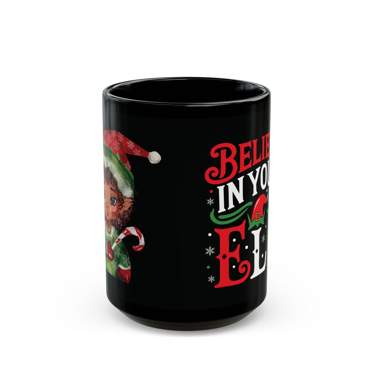 Believe in Your Elf Black Red White Mug, Christmas Coffee Cup, Holiday Gift for Elf Lovers, Cute Ceramic Mug, Festive Drinkware