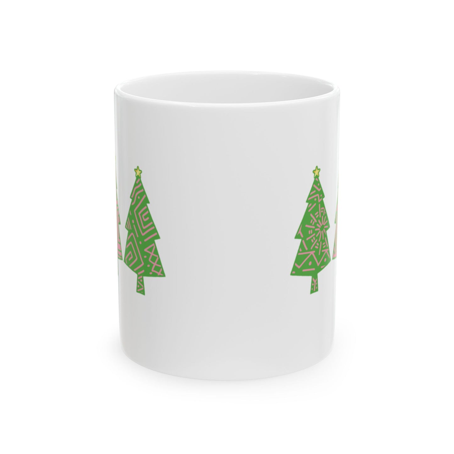 Pink and Green Tree Ceramic Mug, Christmas Coffee Cup, Holiday Cocoa Mug, Festive Hot Chocolate Mug, Christmas Tree Mug