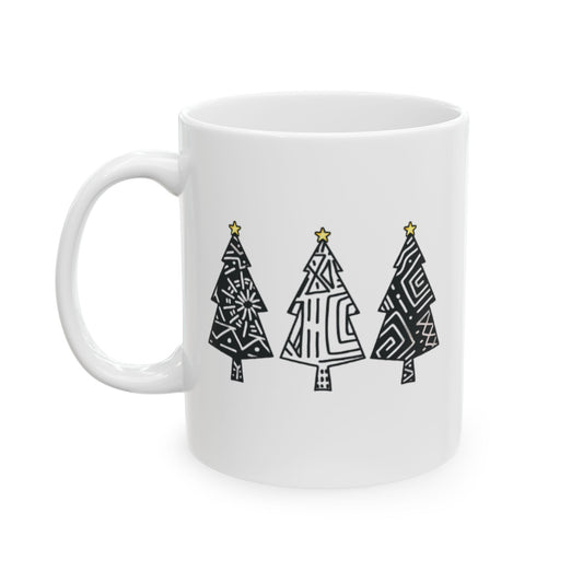 Black and White Tree Ceramic Mug, Christmas Coffee Cup, Holiday Cocoa Mug, Festive Hot Chocolate Mug, Christmas Tree Mug